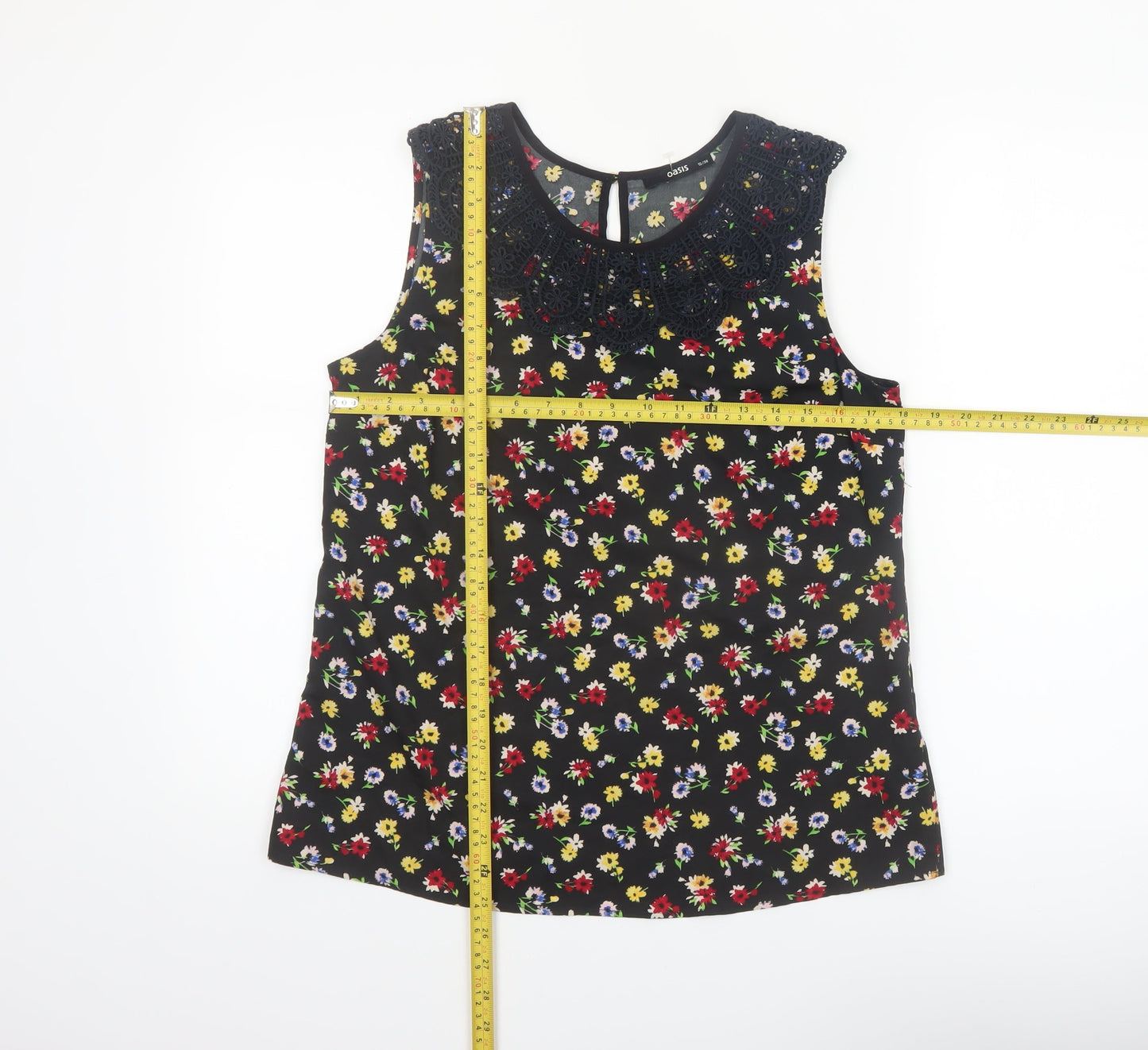 Oasis Womens Black Floral Beaded Neck Sleeveless Blouse Size 12