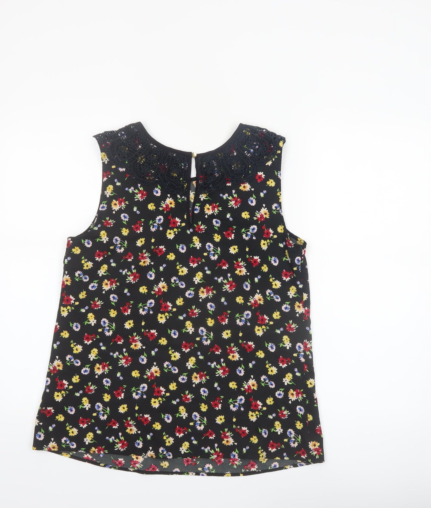 Oasis Womens Black Floral Beaded Neck Sleeveless Blouse Size 12