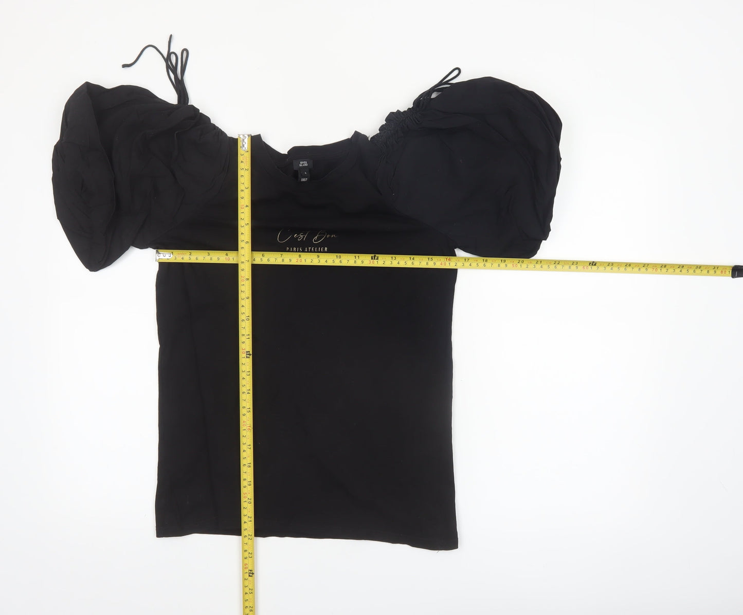 River Island Womens Black Puff Sleeve Cotton T-Shirt Size 8