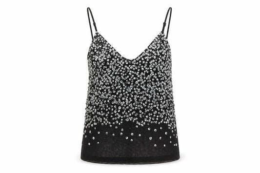 Front view of ASOS Women's Black Sequin Camisole Tank Top, size 8, Party Wear