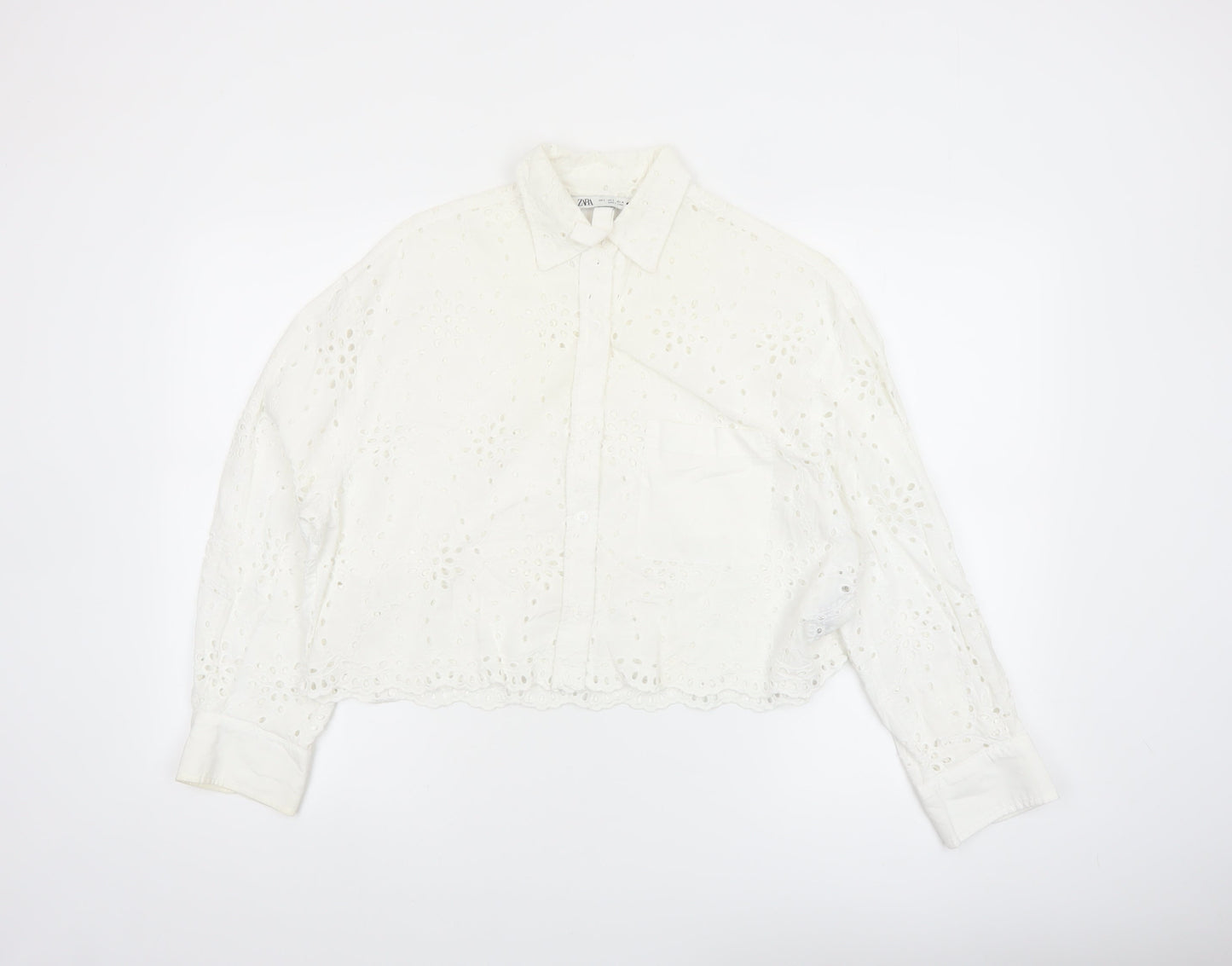 Zara Womens White Cotton Embroidered Cropped Blouse Size S