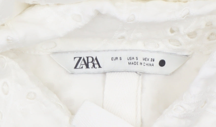Zara Womens White Cotton Embroidered Cropped Blouse Size S
