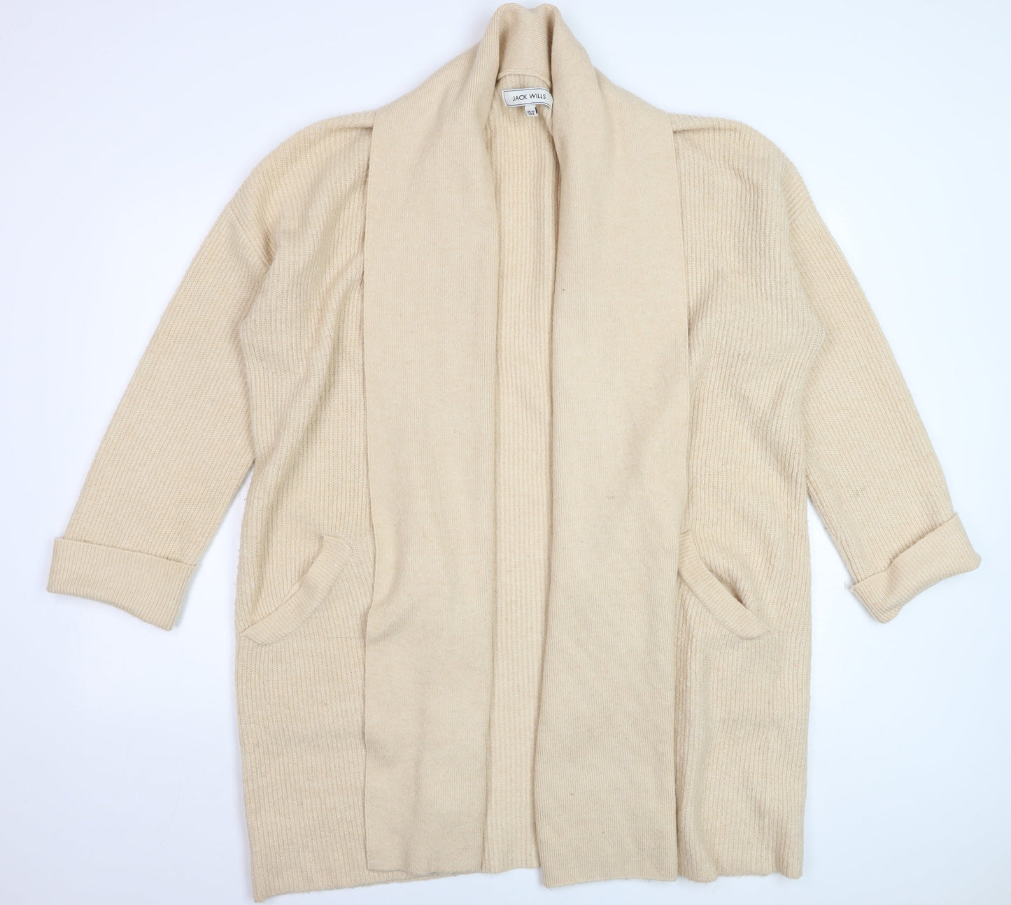 Jack Wills Women’s Beige Knit Long Cardigan Size 10 Open Shawl Collar