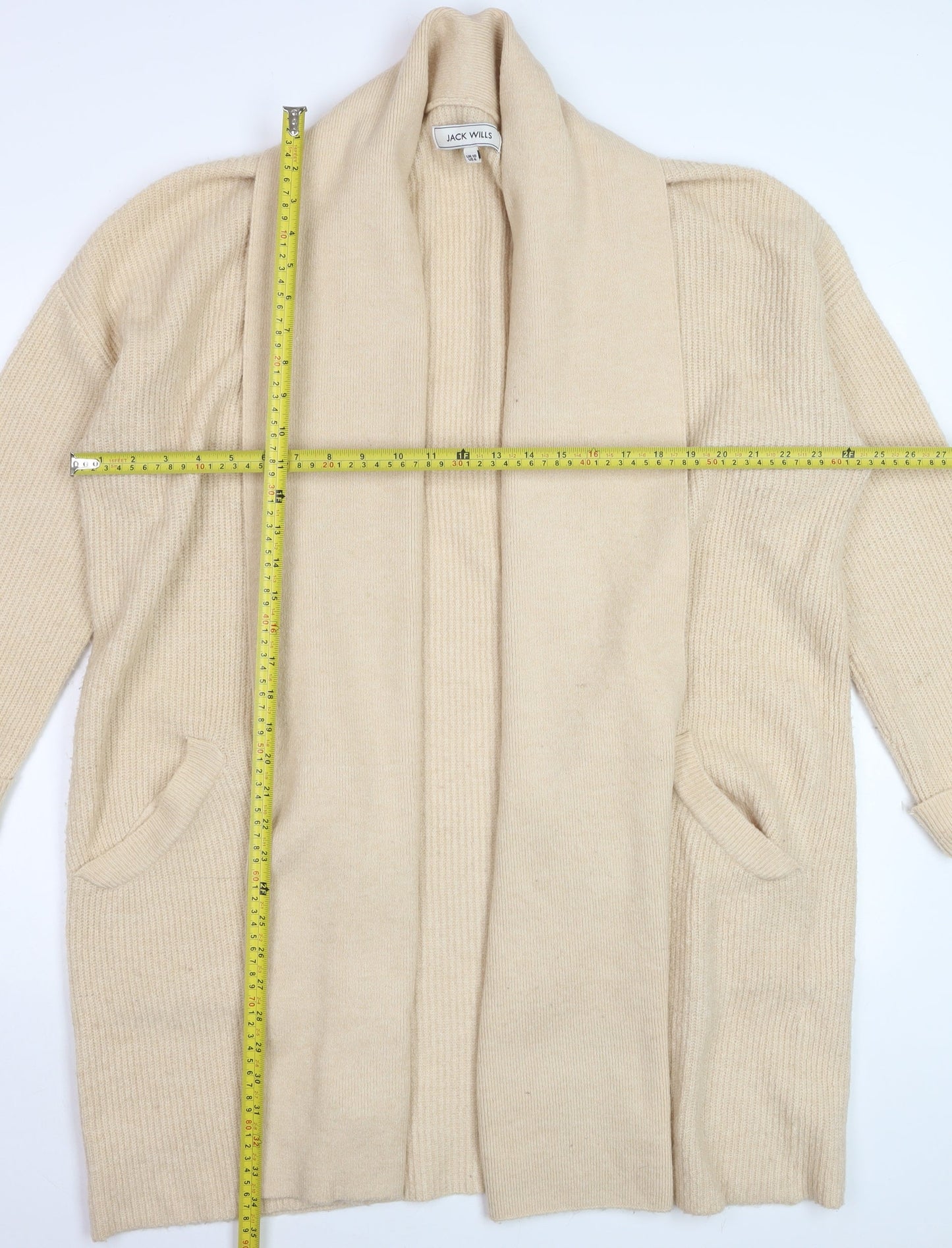 Jack Wills Women’s Beige Knit Long Cardigan Size 10 Open Shawl Collar