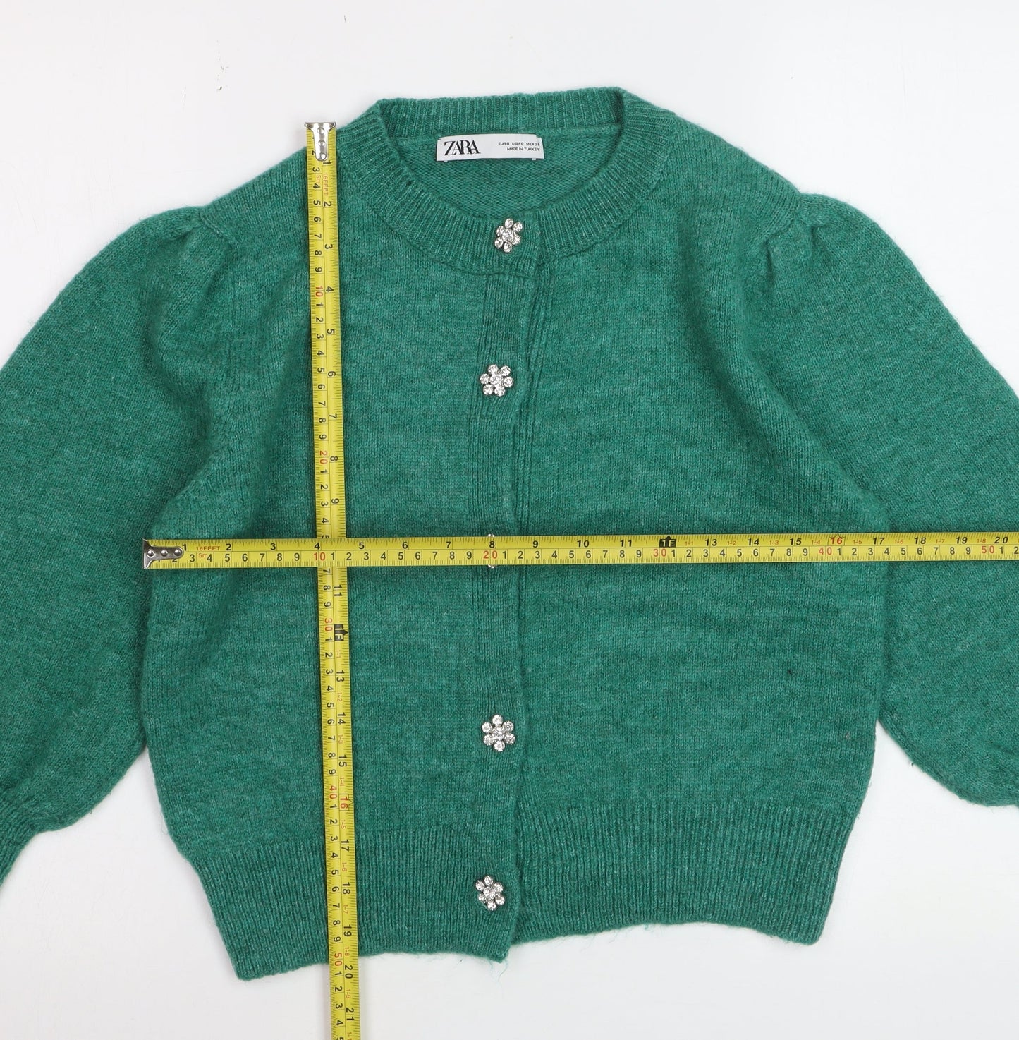 Zara Women Green Cardigan Knit Puff Sleeve Size 8
