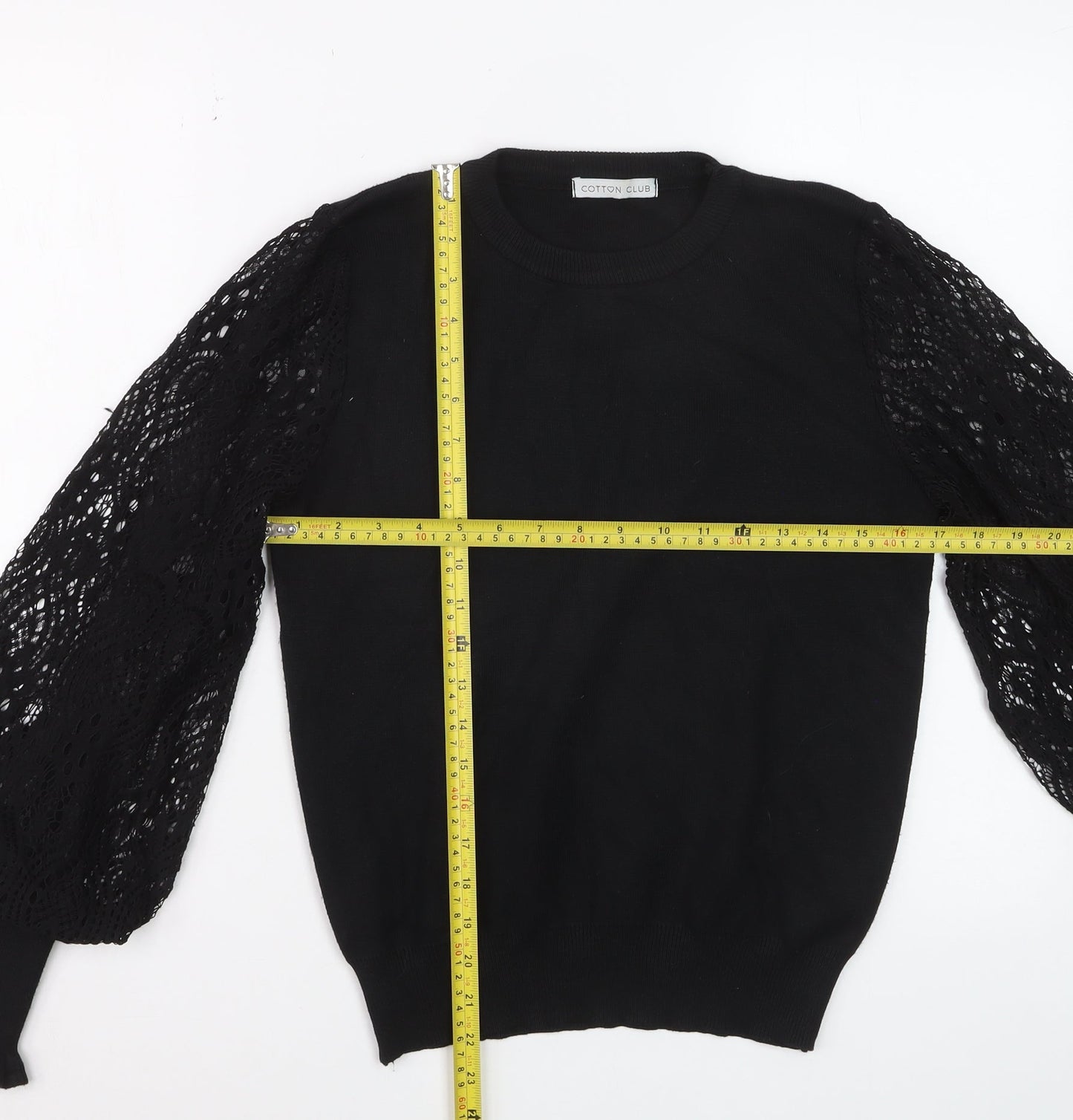 Cotton Club Women's Black Lace Puff Sleeve Acrylic Jumper M