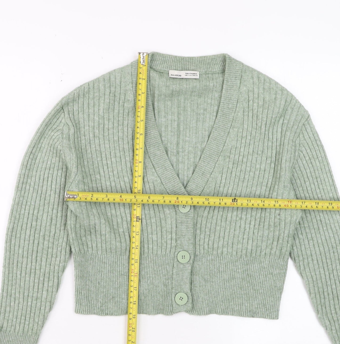 Pull & Bear Women Green Ribbed Button Up V-Neck Cardigan Size S