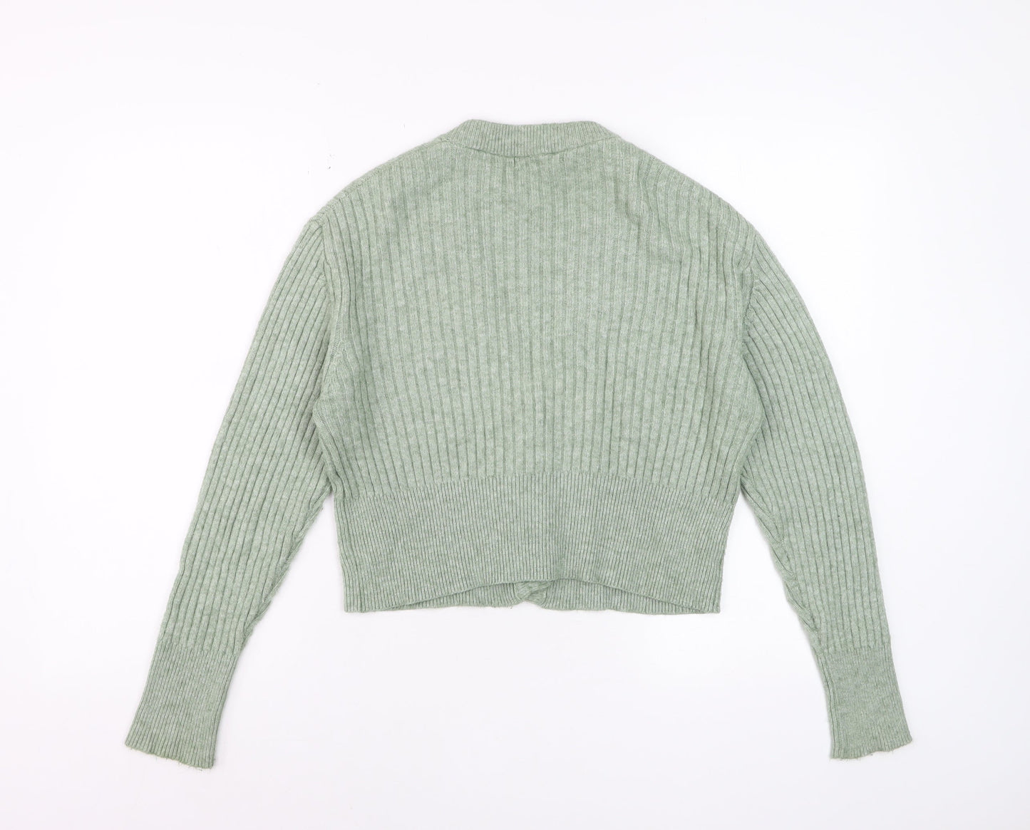 Pull & Bear Women Green Ribbed Button Up V-Neck Cardigan Size S