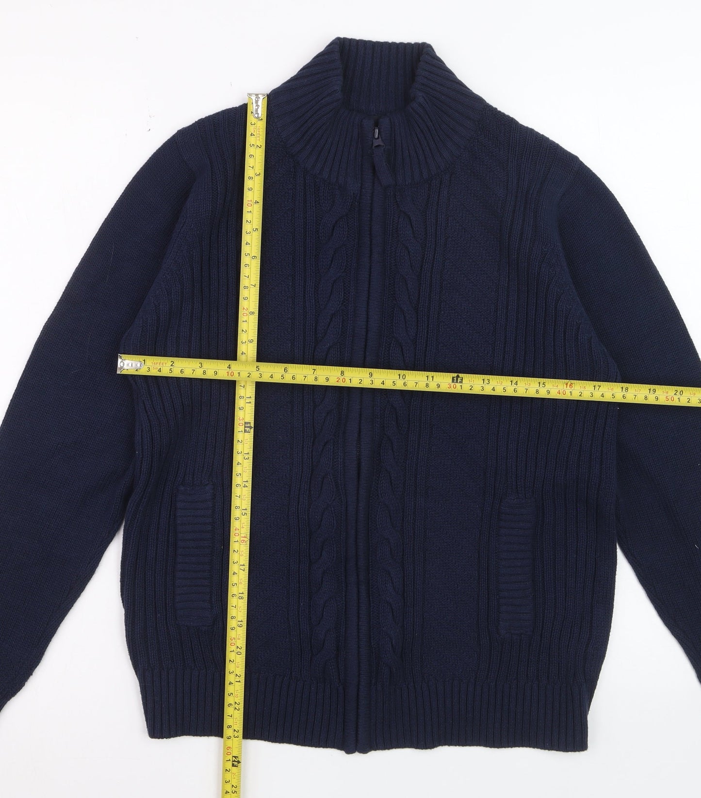 Isle Essentials Women Blue Cotton Cable Knit Full Zip Jumper M 14-16
