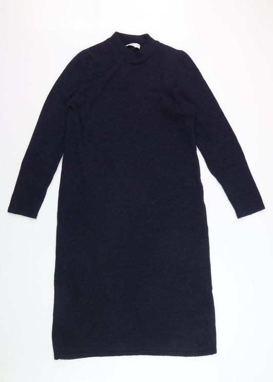 MNG Women's Blue Knit High Neck Long Sleeve Sweater Dress Size 12