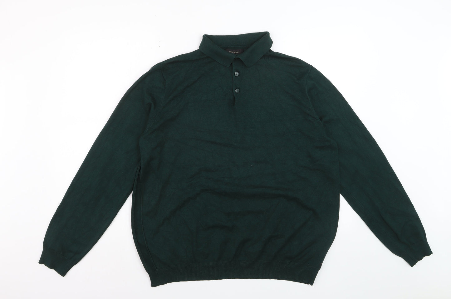 River Island Men's Green Long Sleeve Knit Polo Shirt XL