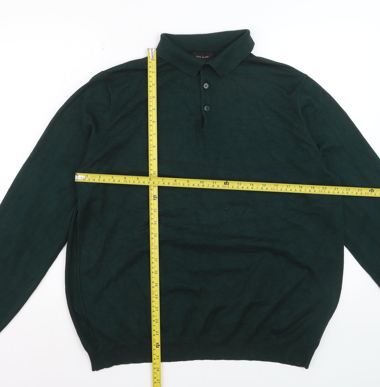 River Island Men's Green Long Sleeve Knit Polo Shirt XL