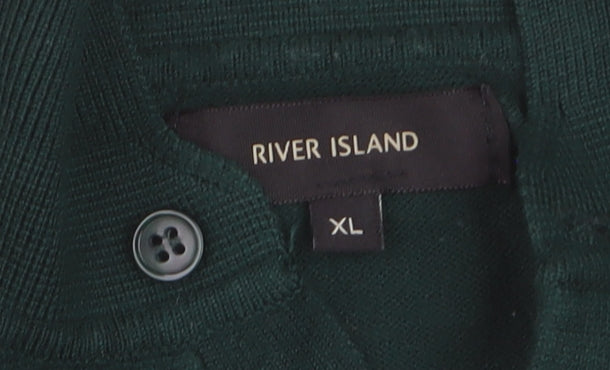 River Island Men's Green Long Sleeve Knit Polo Shirt XL