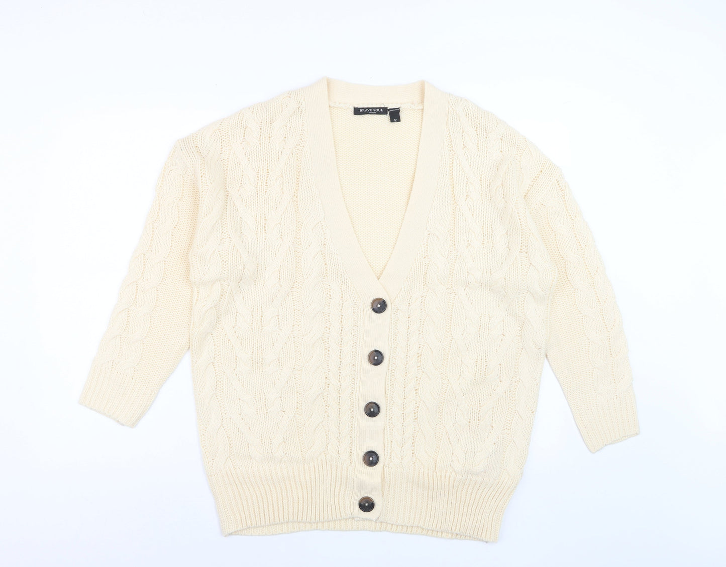 Brave Soul Women Ivory Cable Knit V-Neck Cardigan Size 12