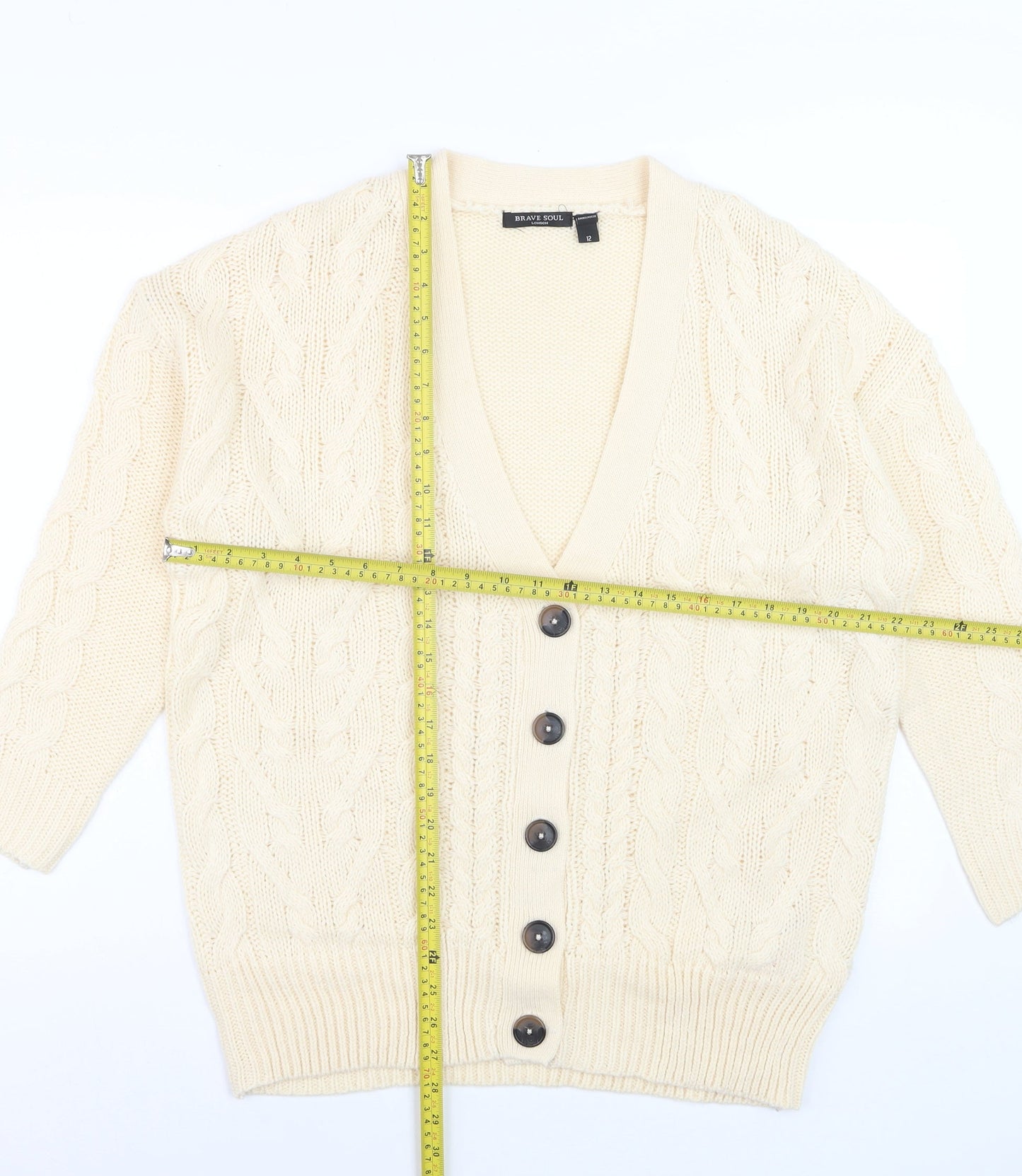 Brave Soul Women Ivory Cable Knit V-Neck Cardigan Size 12