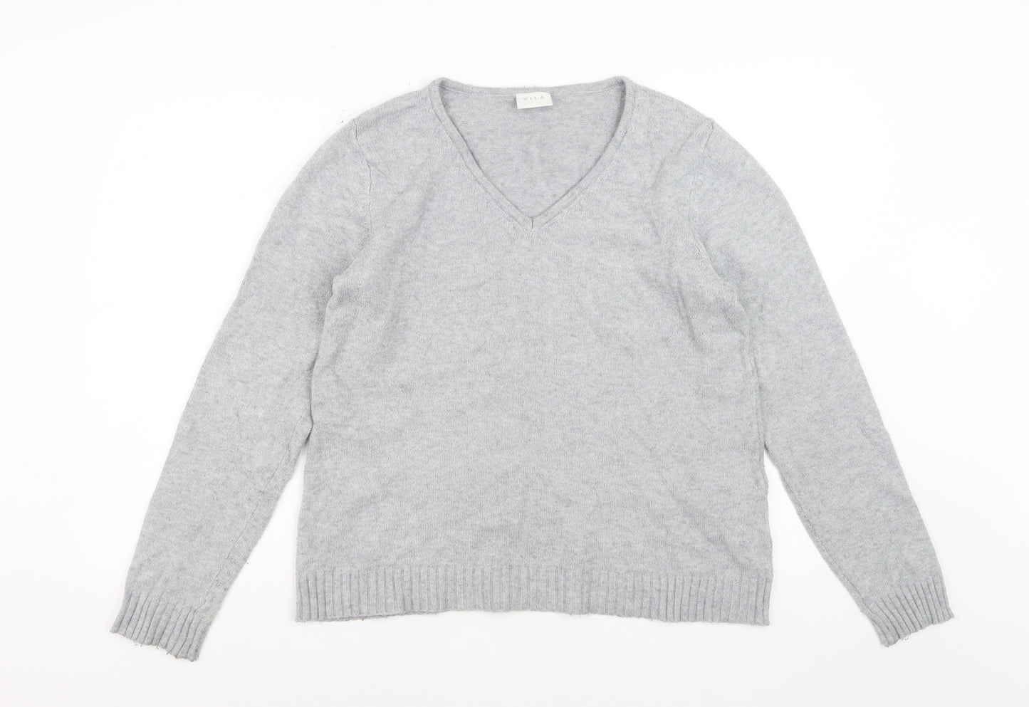 Vila Women Grey V-Neck Pullover Jumper Size L Soft Knit