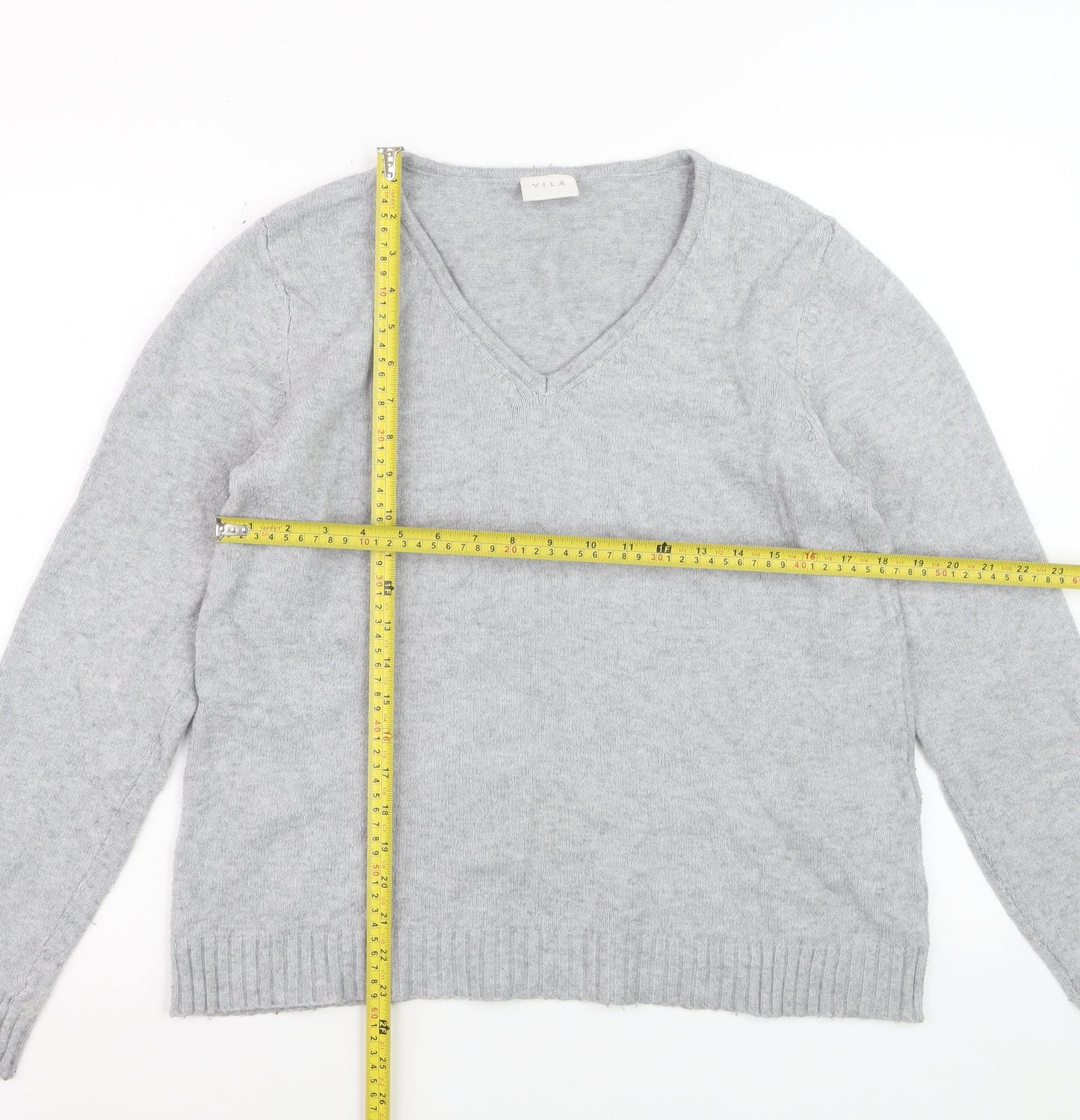 Vila Women Grey V-Neck Pullover Jumper Size L Soft Knit