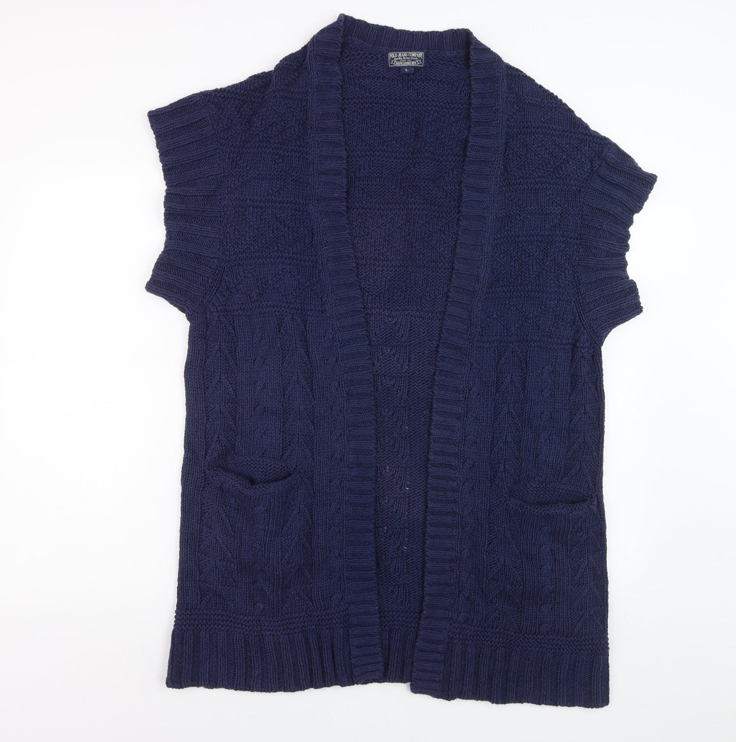 Ralph Lauren Women Blue Cotton Cable Knit Short Sleeve Cardigan L