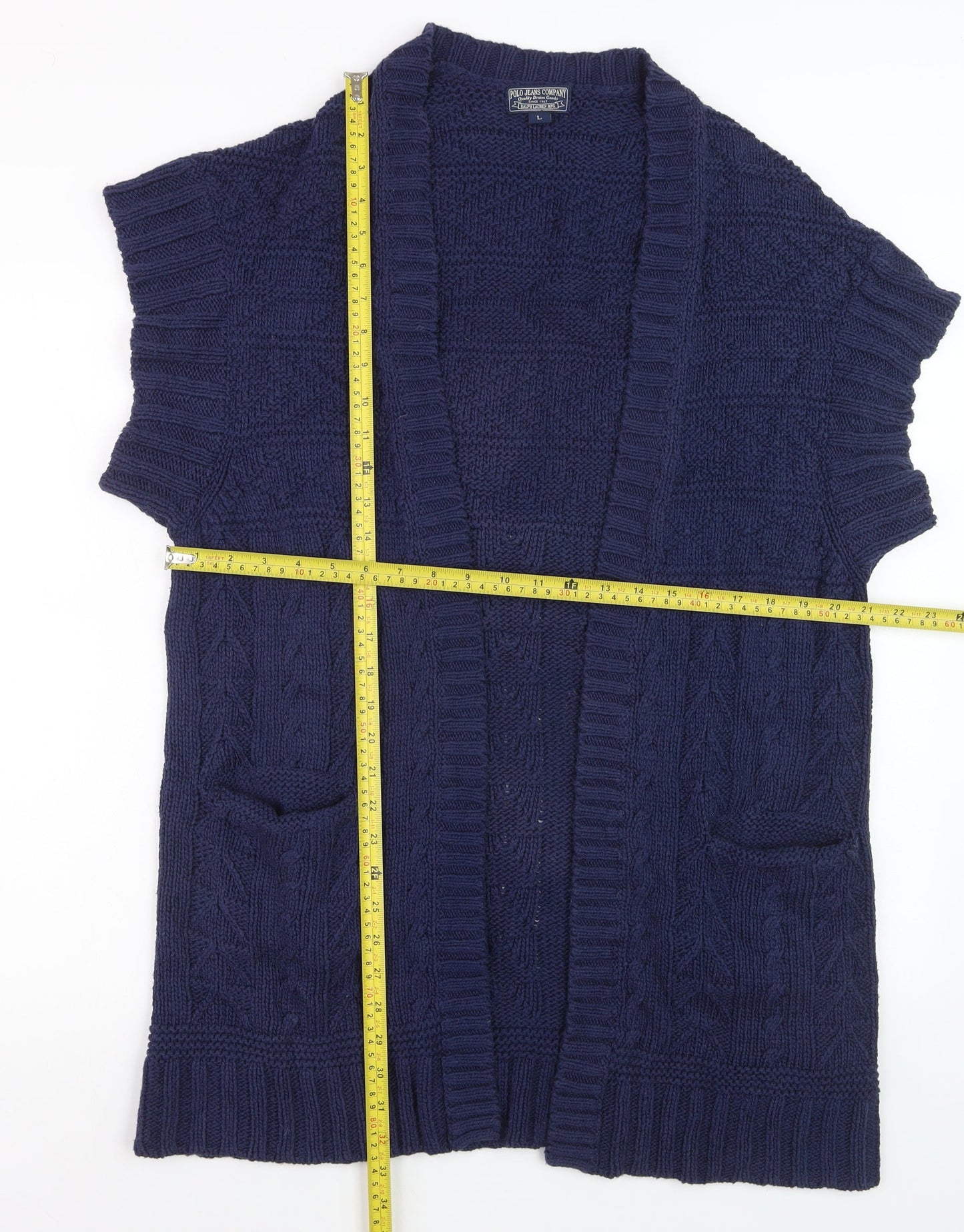 Ralph Lauren Women Blue Cotton Cable Knit Short Sleeve Cardigan L