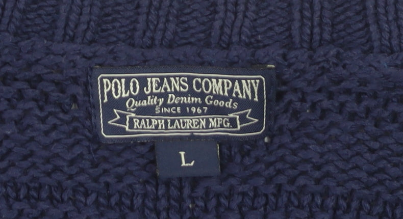 Ralph Lauren Women Blue Cotton Cable Knit Short Sleeve Cardigan L