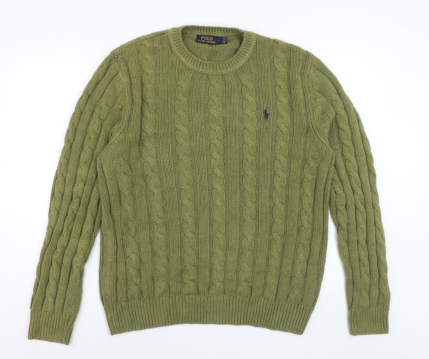 Ralph Lauren Men's Green Cable-Knit Cotton Jumper L