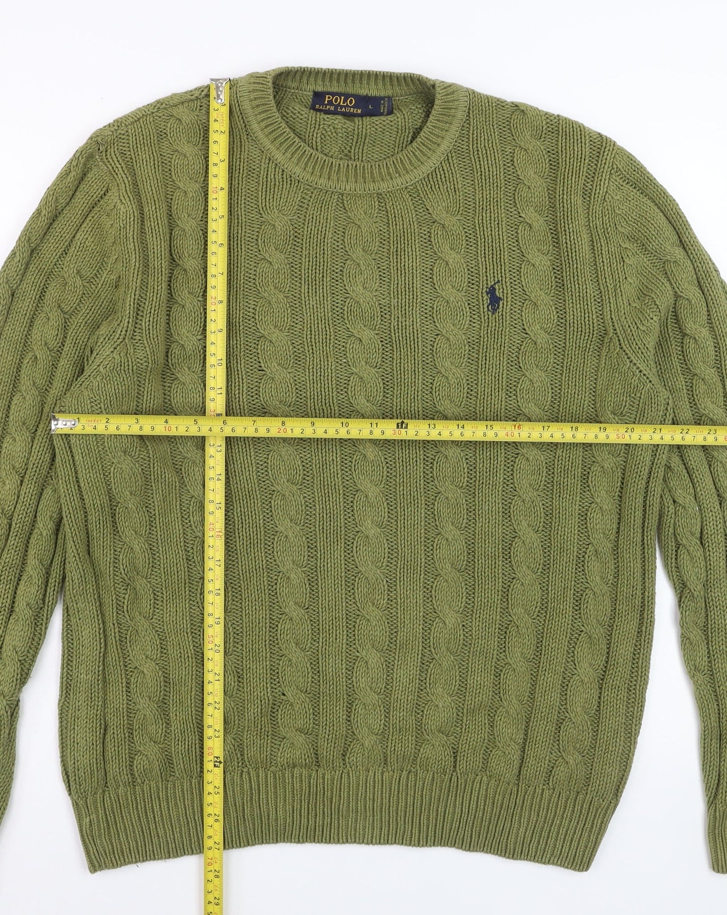 Ralph Lauren Men's Green Cable-Knit Cotton Jumper L