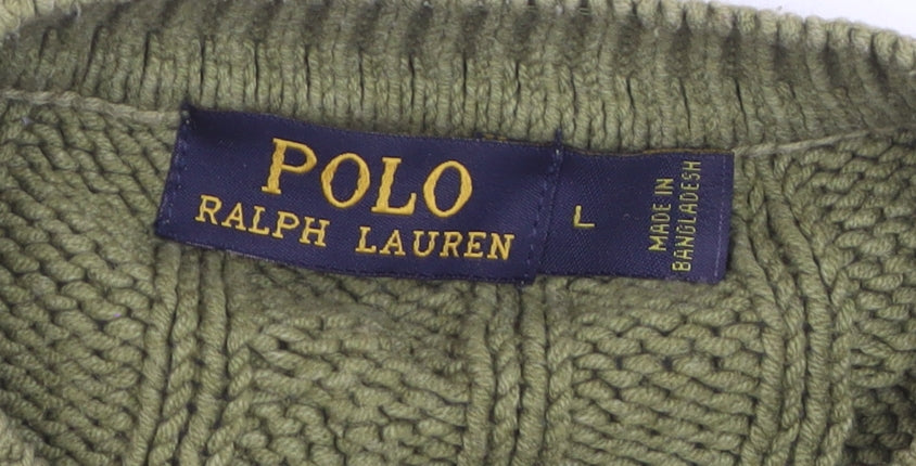 Ralph Lauren Men's Green Cable-Knit Cotton Jumper L