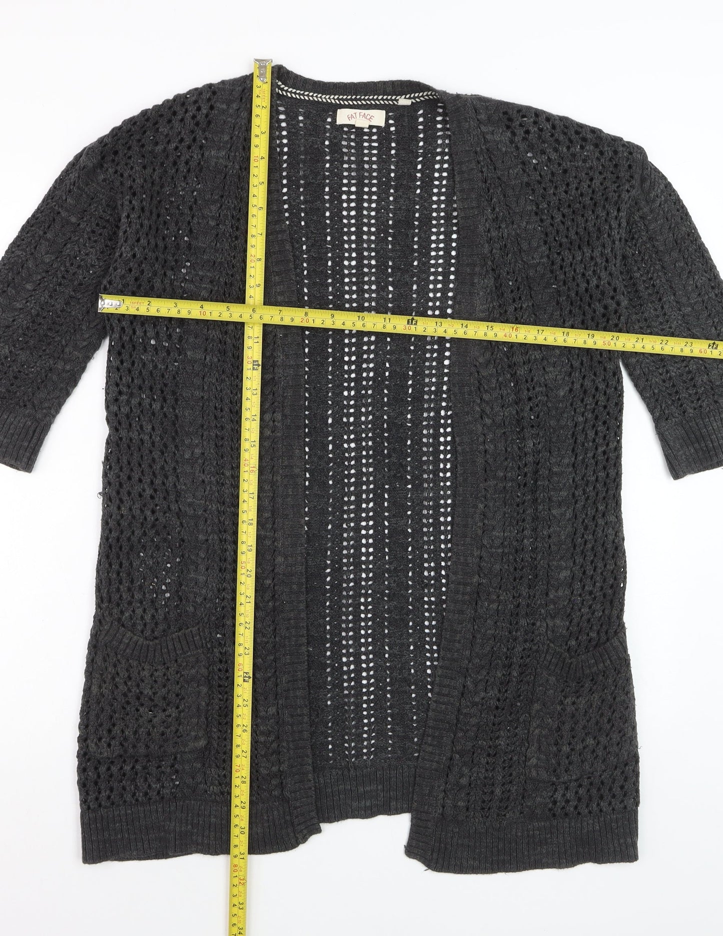 Fat Face Womens Black Open Knit 3/4 Sleeve Cardigan Size 8