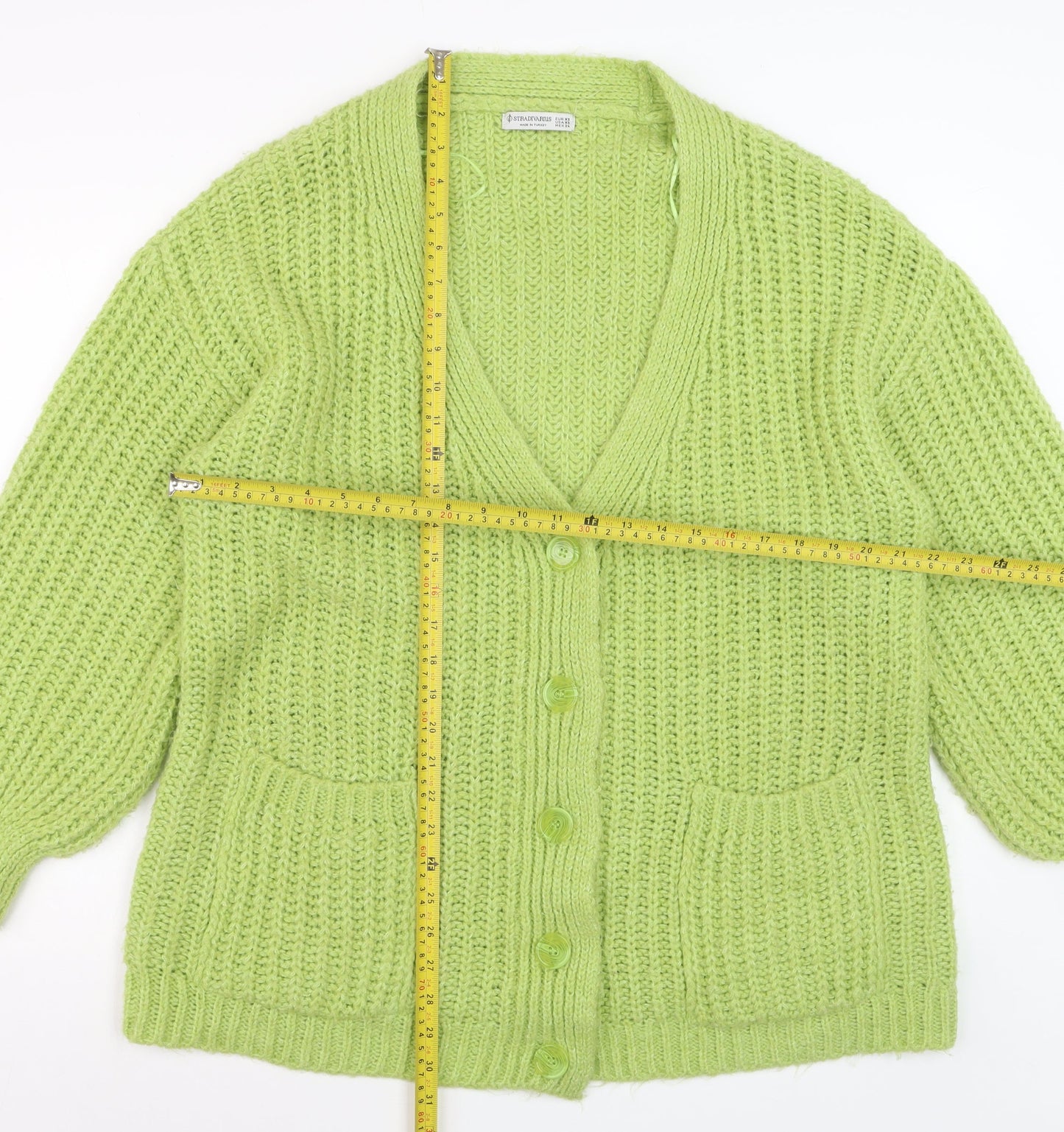 Stradivarius Womens Green Chunky Knit V-Neck Cardigan XS