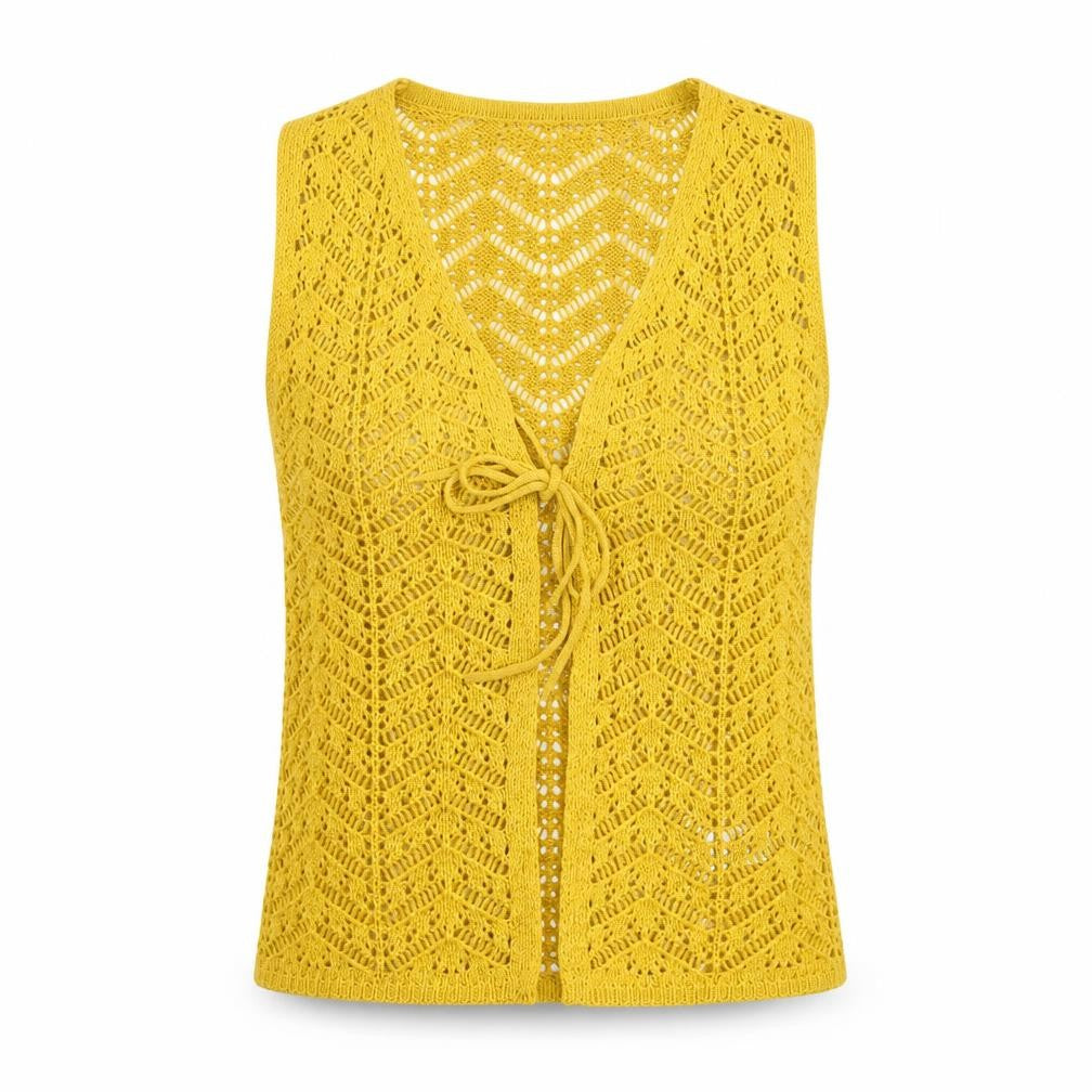 Boohoo Women Yellow Open Knit Sleeveless V-Neck Vest M
