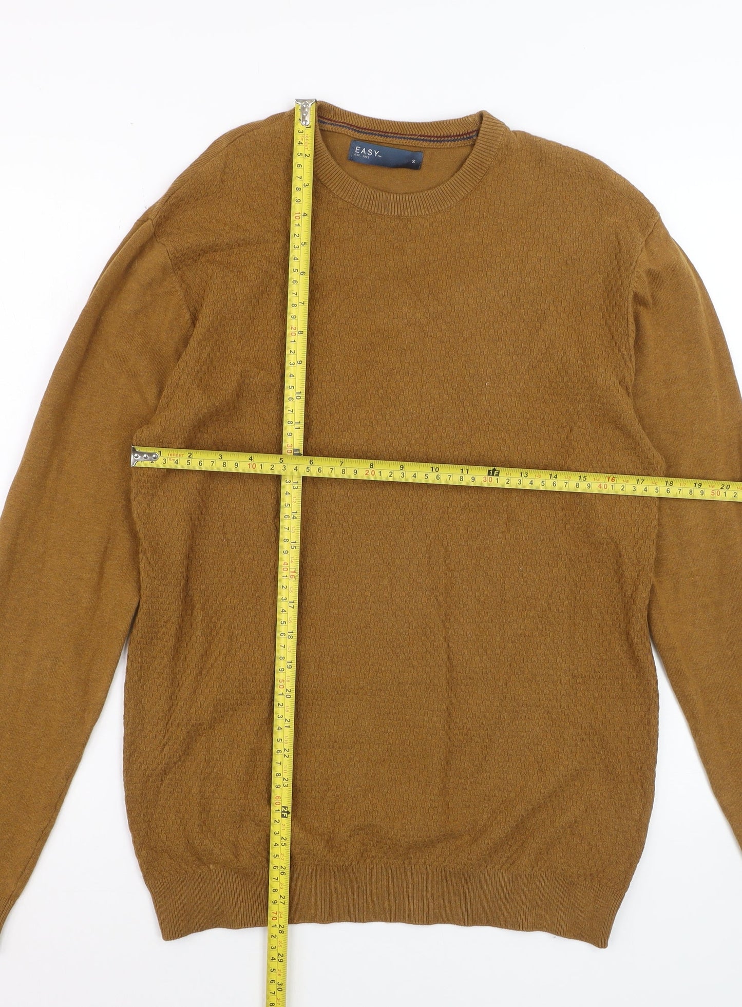 EASY Men's Brown Cotton Blend Regular Fit Crew Neck Jumper Size S