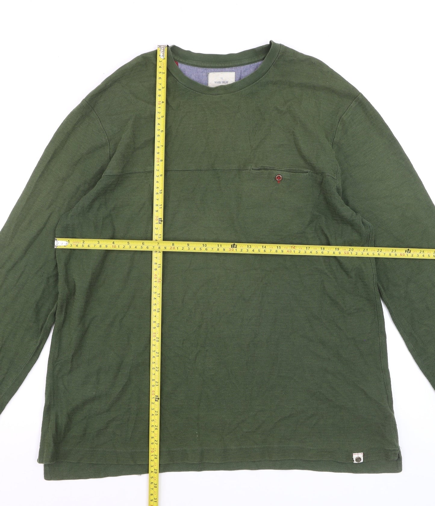 White Stuff Men's Green Long Sleeve Cotton Crew Neck T-Shirt Size L