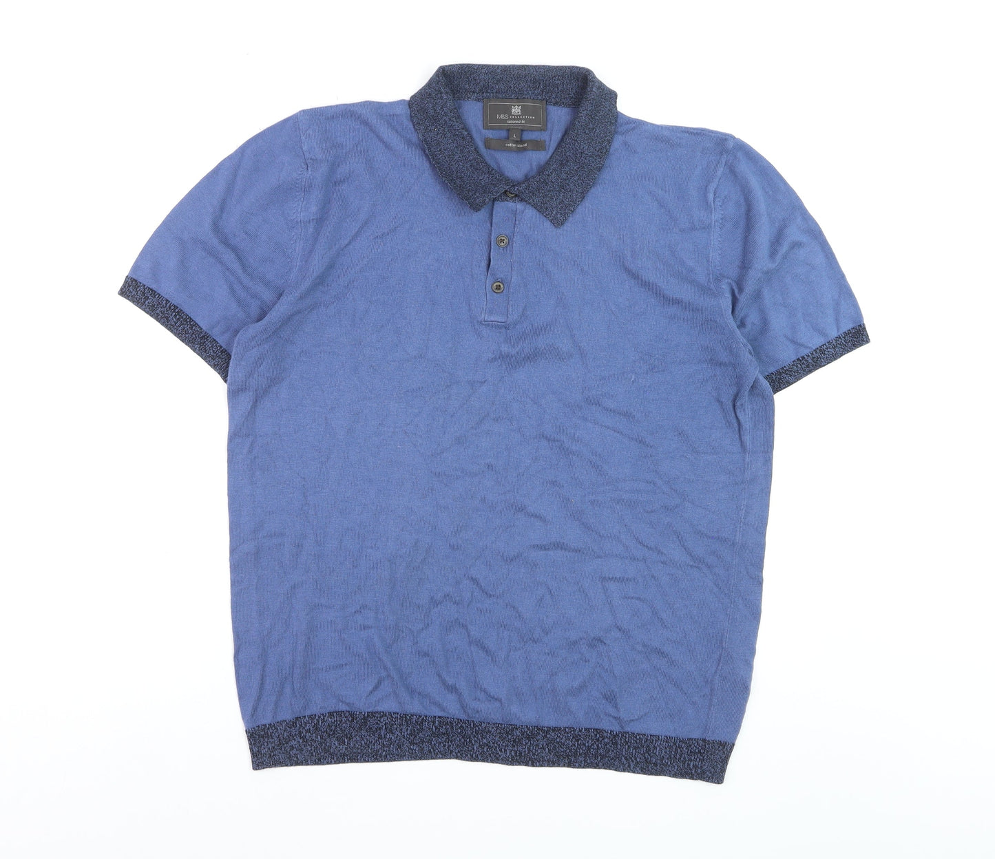 Marks and Spencer Men's Blue Knit Polo Shirt Size L Short Sleeve