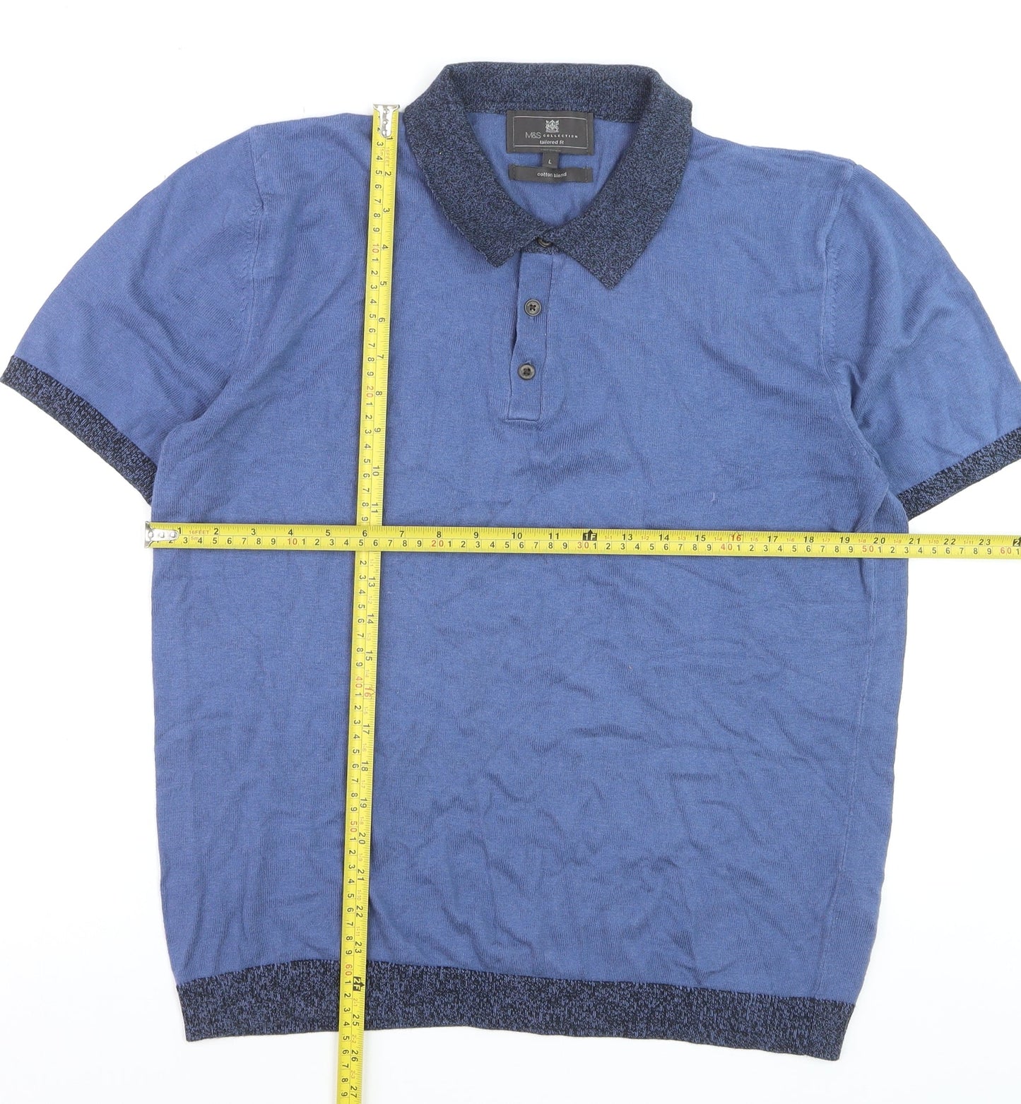 Marks and Spencer Men's Blue Knit Polo Shirt Size L Short Sleeve