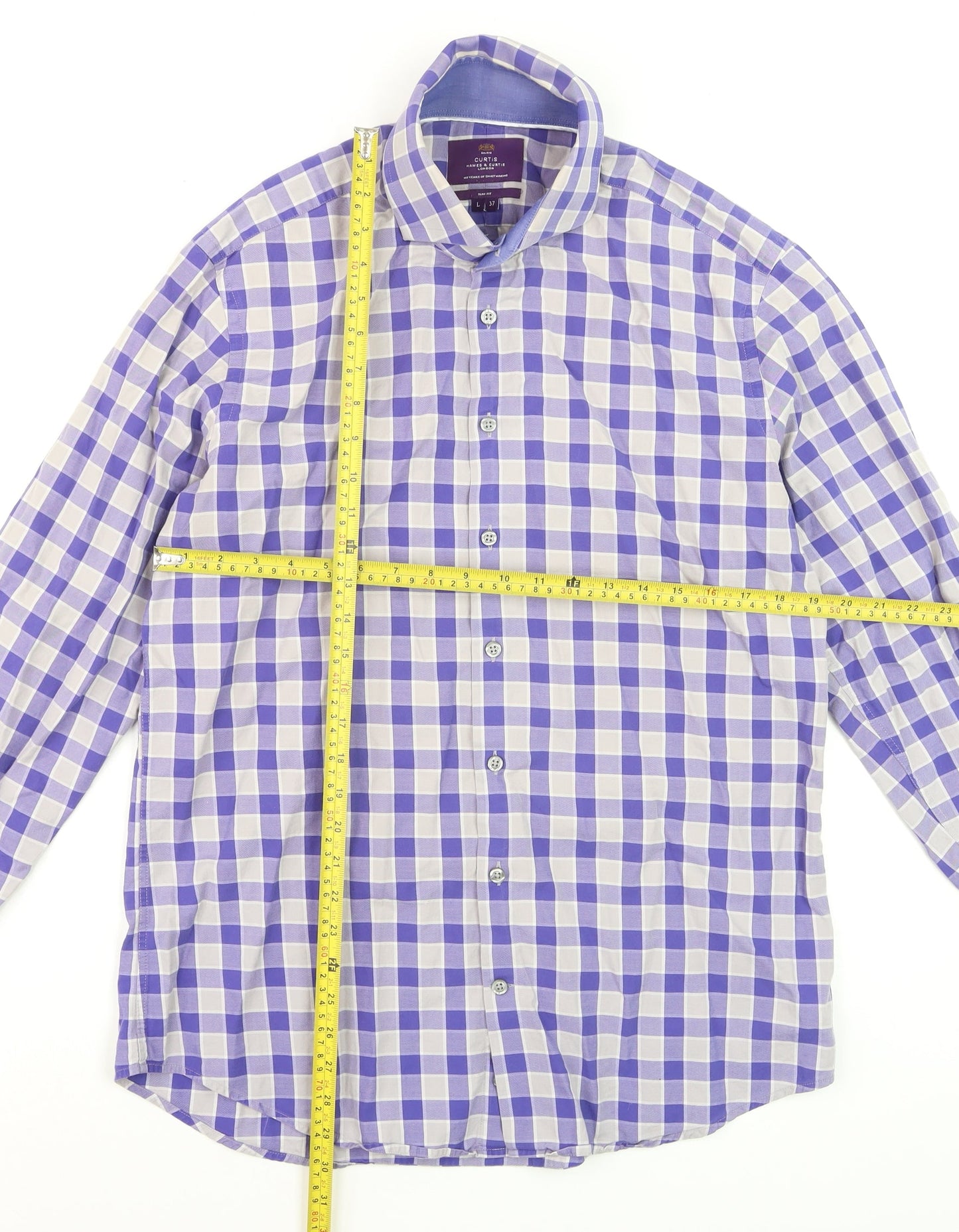 Hawes & Curtis Men's Blue Check Slim Fit Long Sleeve Dress Shirt L 37