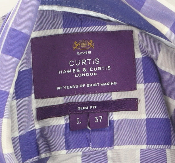 Hawes & Curtis Men's Blue Check Slim Fit Long Sleeve Dress Shirt L 37