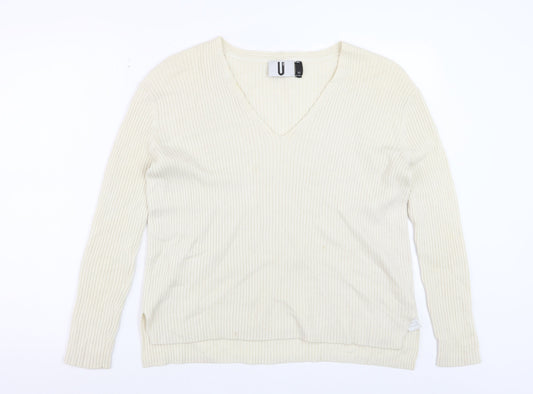 Topshop Women Ivory Wool Cashmere V-Neck Long Sleeve Pullover Jumper S