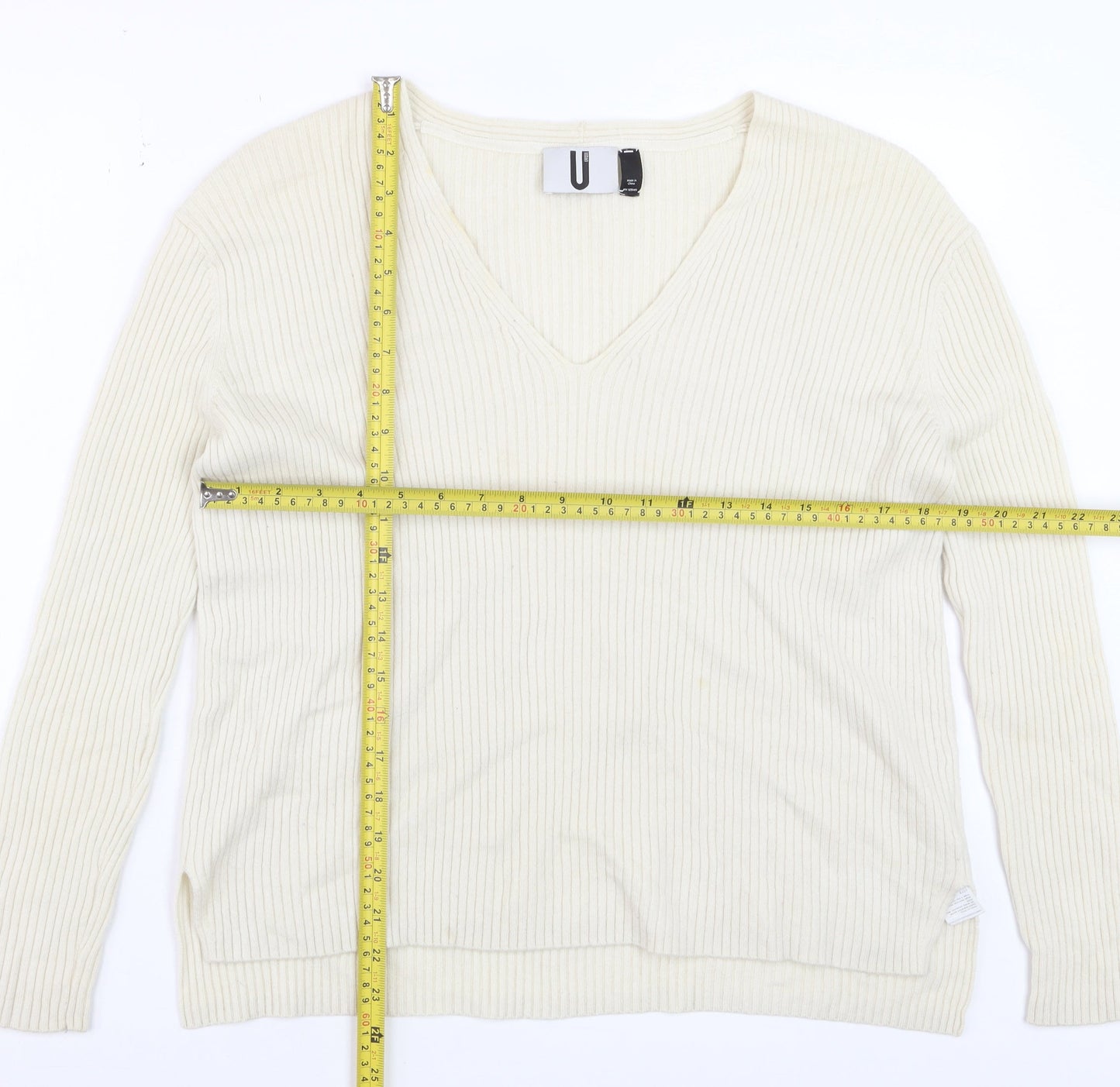 Topshop Women Ivory Wool Cashmere V-Neck Long Sleeve Pullover Jumper S