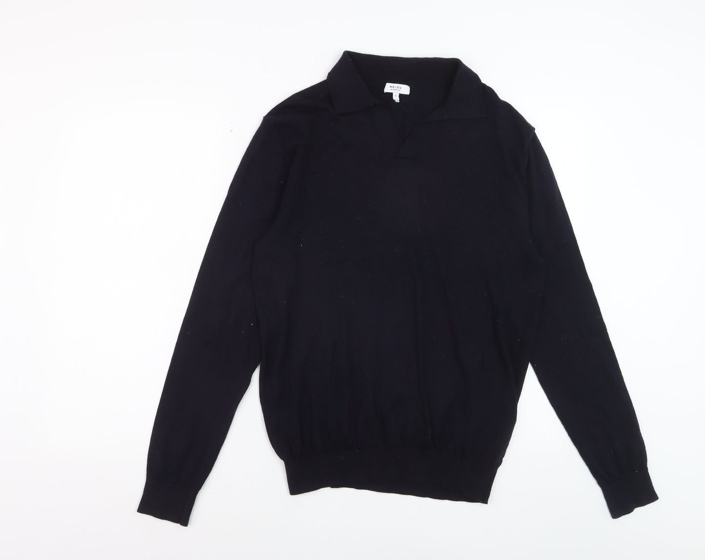 Reiss Mens Black Merino Wool Collared Pullover Jumper L