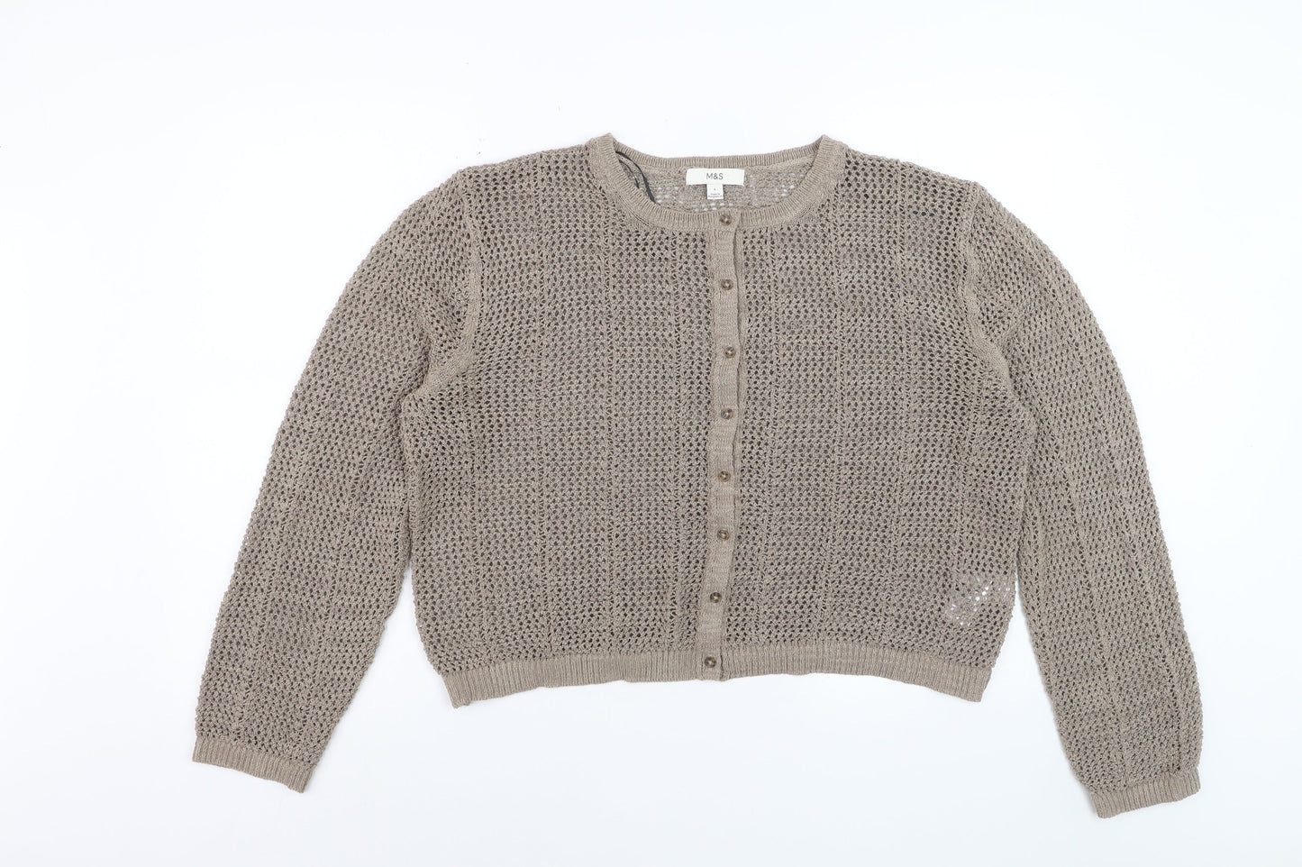 Marks and Spencer Women Beige L Open-Knit Cotton Blend Cardigan