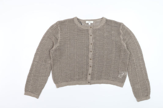 Marks and Spencer Women Beige L Open-Knit Cotton Blend Cardigan