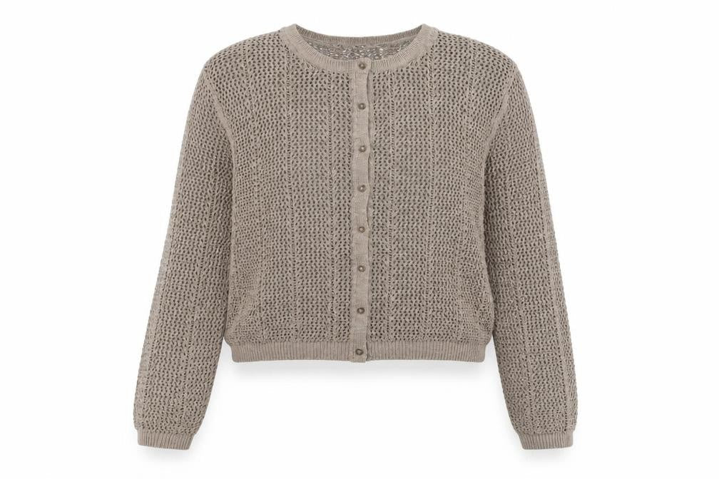 Marks & Spencer Women Beige L Open-Knit Cotton Blend Cardigan