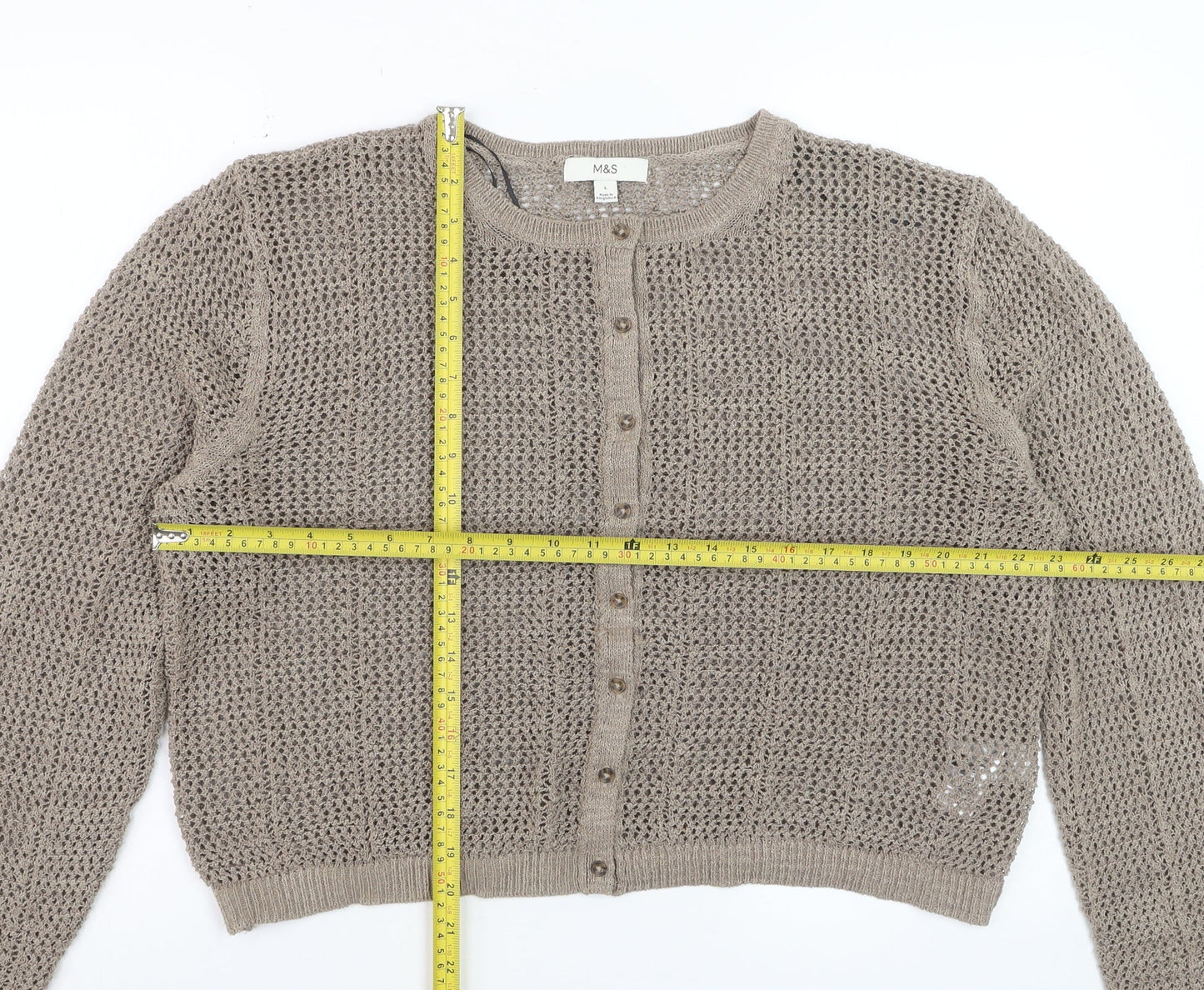Marks and Spencer Women Beige L Open-Knit Cotton Blend Cardigan