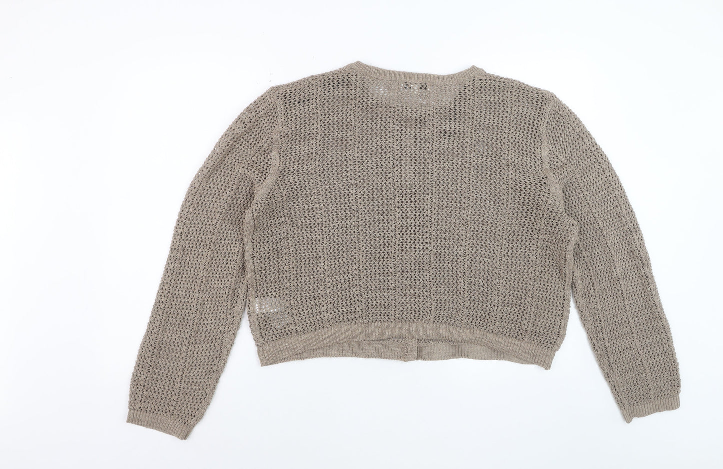 Marks and Spencer Women Beige L Open-Knit Cotton Blend Cardigan