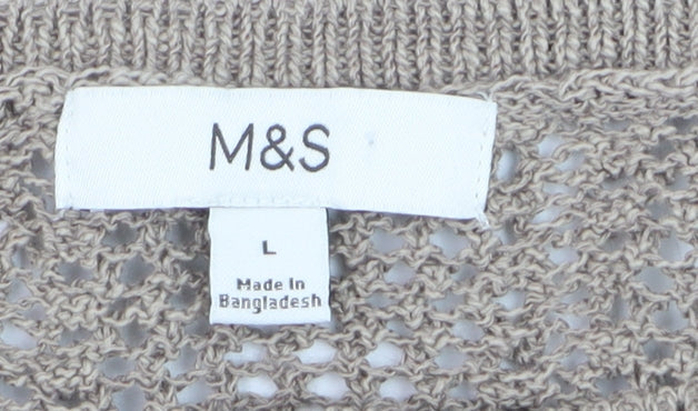 Marks and Spencer Women Beige L Open-Knit Cotton Blend Cardigan