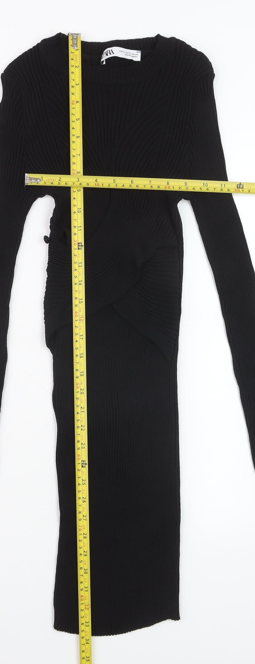 ZARA Women Black XS Bodycon Knit Cut Out Long Sleeve Midi Dress