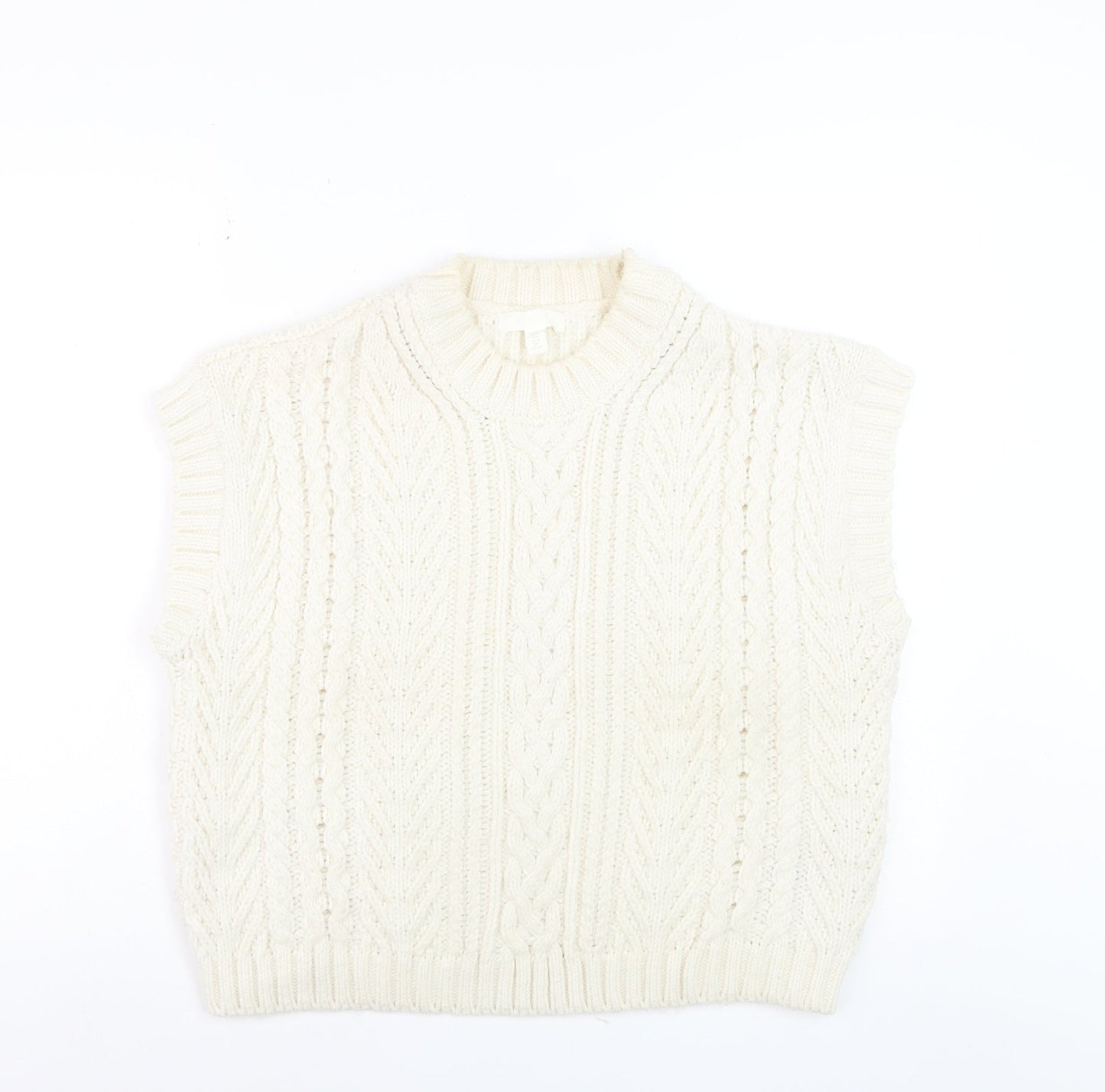 H&M Women Ivory Cable-Knit Sleeveless Mock Neck Vest Size 12