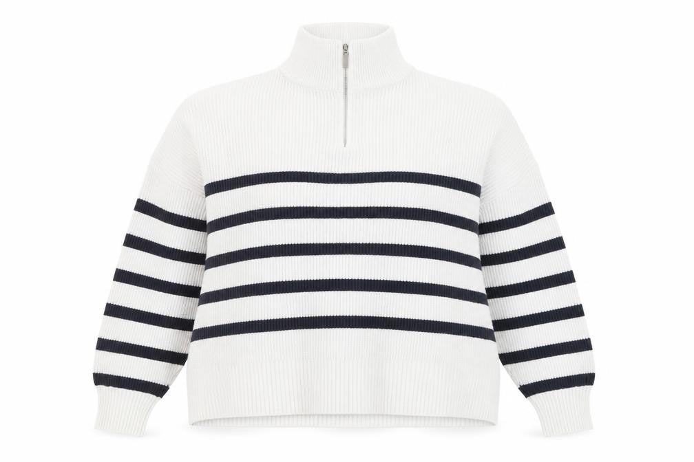 Mango Women’s White Striped Mock Neck 1/2 Zip Knit Jumper Size 14