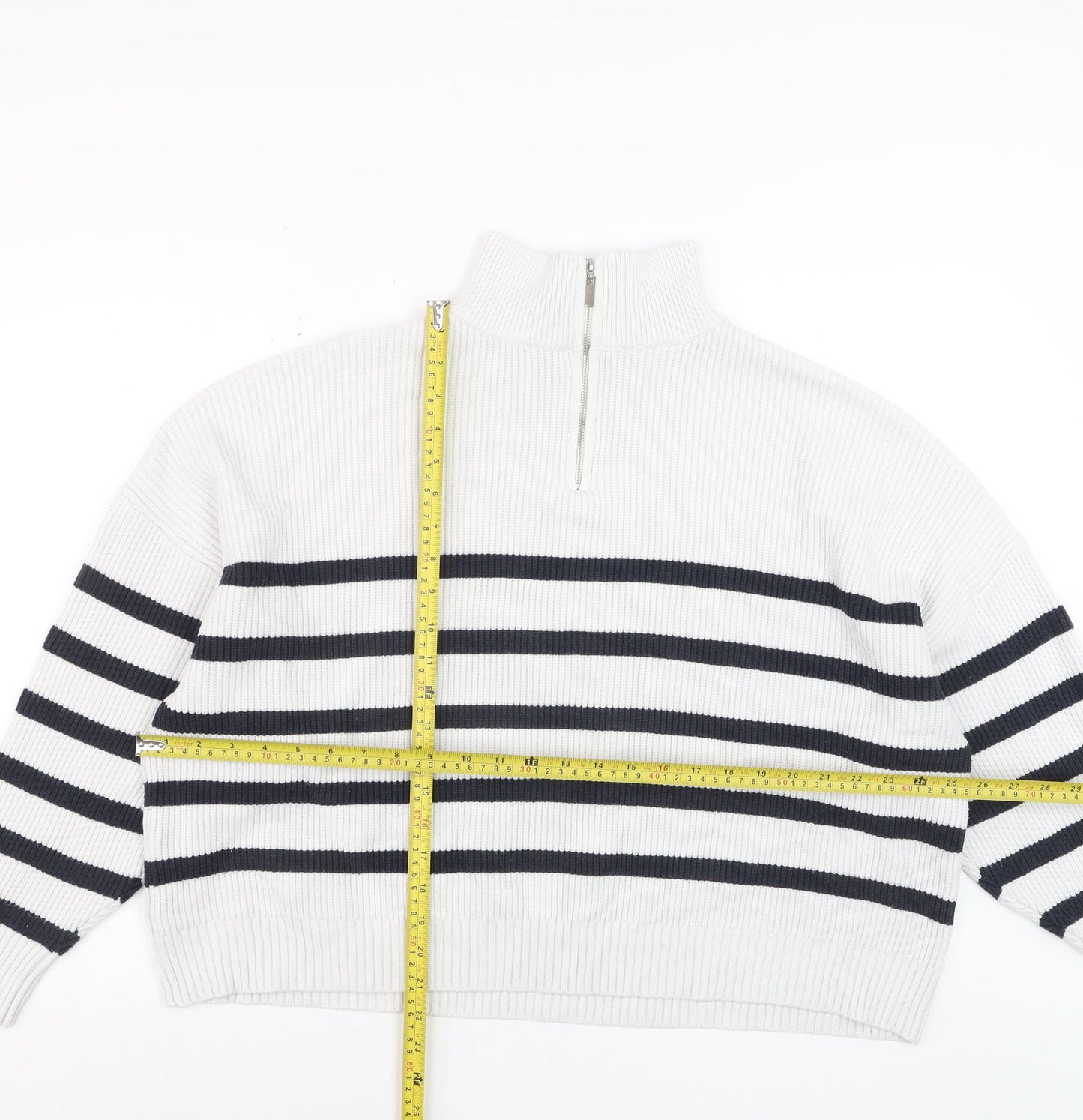 MNG Women’s White Striped Mock Neck 1/2 Zip Knit Jumper Size 14