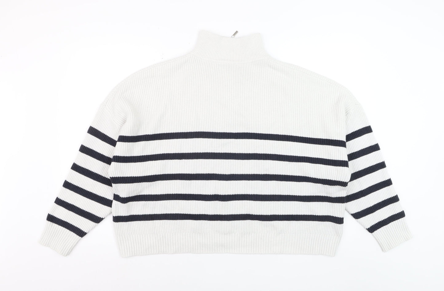 MNG Women’s White Striped Mock Neck 1/2 Zip Knit Jumper Size 14